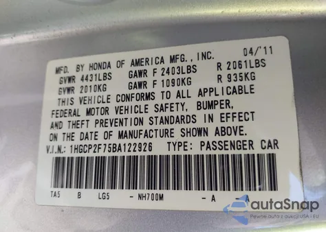 2011 Honda Accord 2.4 Ex из США, поврежденный, VIN 1HGCP2F75BA122926